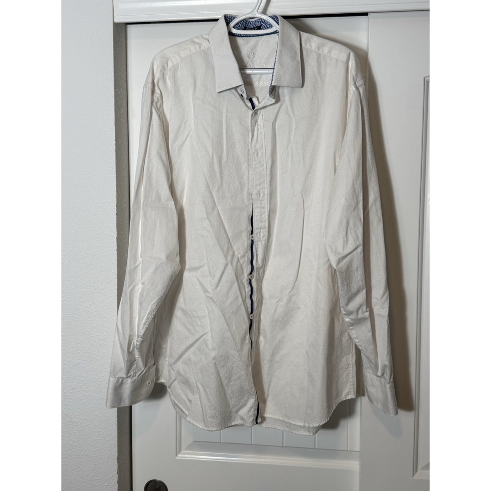 Bugatchi Men's Shirt White Abstract Print Comfort Stretch Cotton Size XXL. Clean